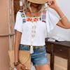 Women's Summer New Style Square Collar Crochet Lace Short Sleeved Blouse