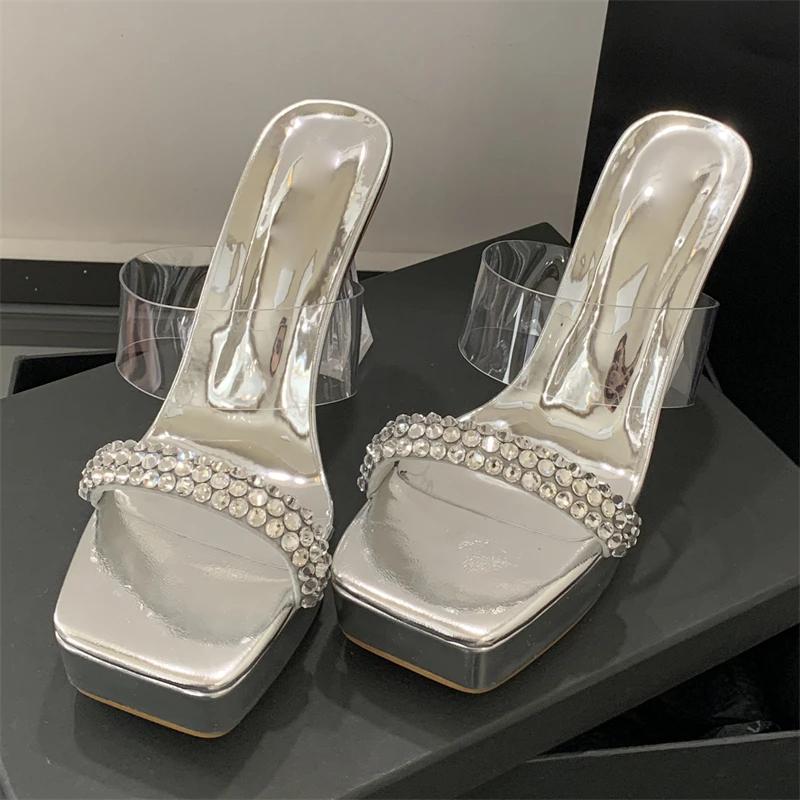 Street Style CRYSTAL PVC Transparent Square Toe Slippers Women Platform Heels Banquet Party Slide Shoes Zapatos De Mujer