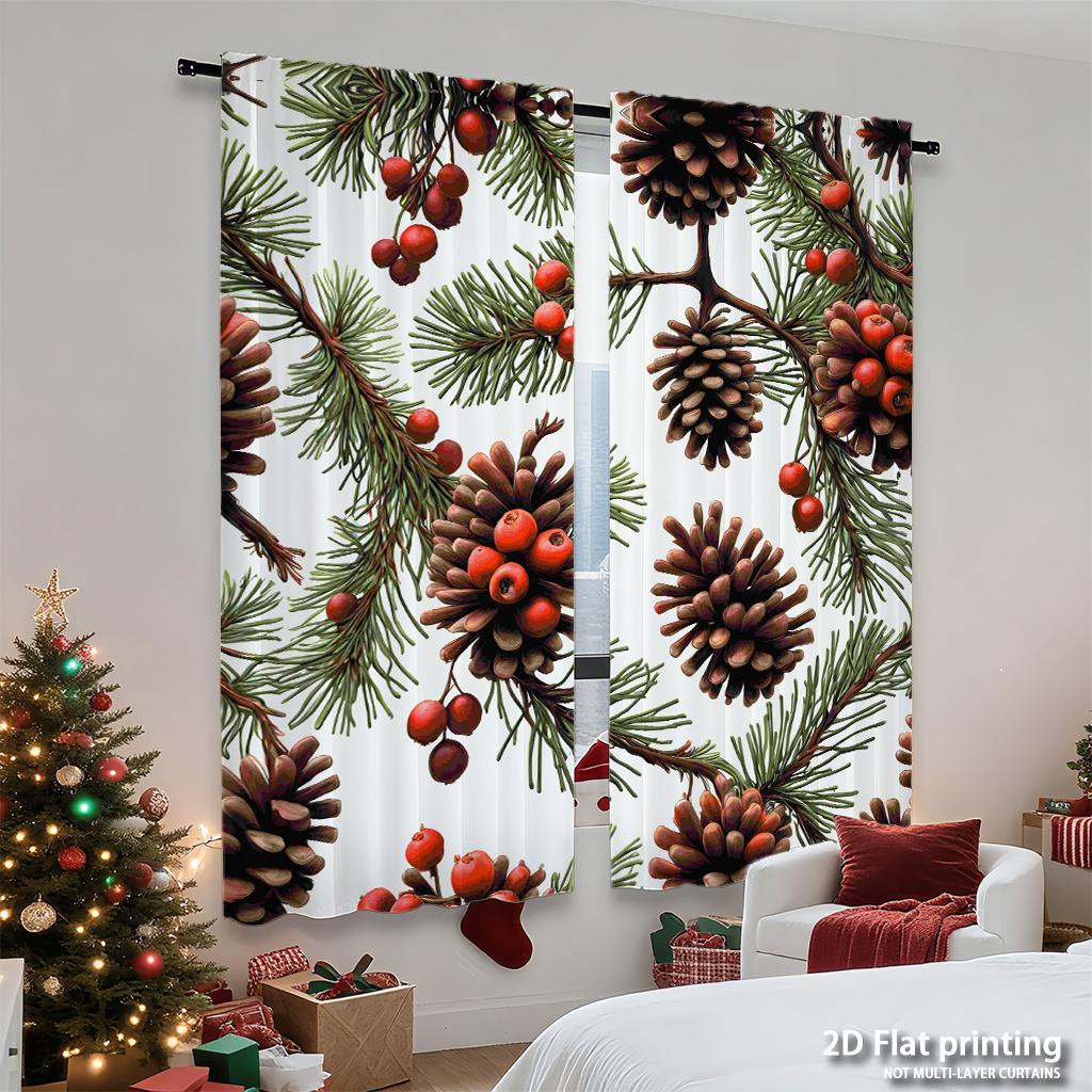 Piece Set High Definition Digital Printed Curtainschristmas Pinecones Redberries Greenbranches Nature Style Seamless Patter Curtains Made Of Polyester