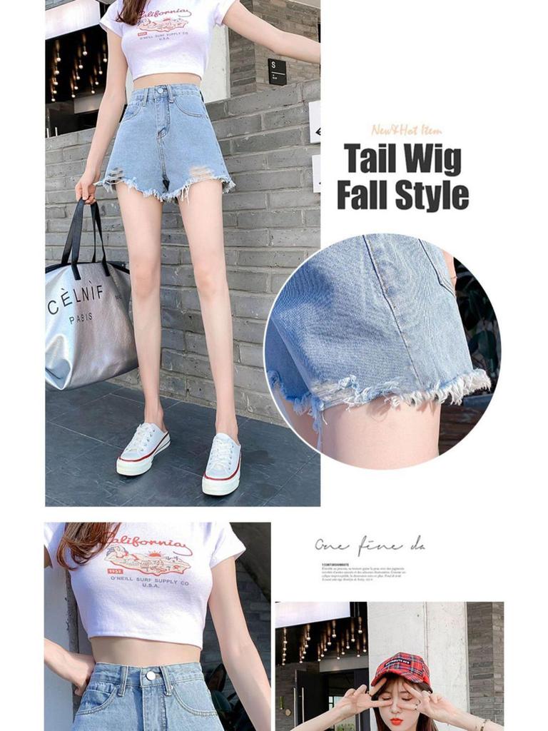 Trendy High-Waisted Light Fringe Denim Shorts for Women - Loose, Slim-Fit, Ripped A-Line Summer Style