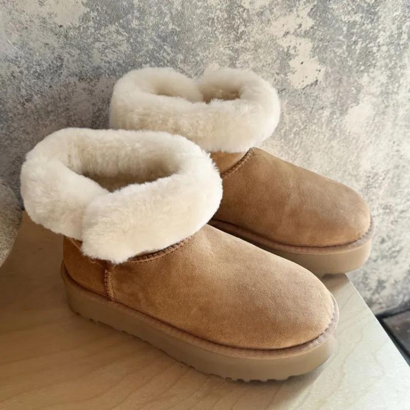 Fashion New Retro Winter Cow Suede Warm Snow Boots Handmade Women's Cute Round Head Thick Bottom with Suede Warm Cotton Boots Size 40