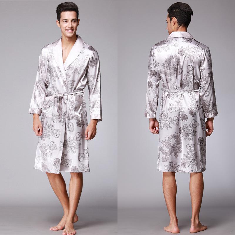 Yaoting Men's Long Sleeve Silk Pajamas and Bathrobe Set, Ice Silk Loungewear