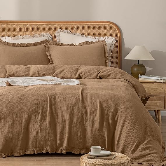 

Queen Size Cotton Muslin Ruffle Duvet Cover Set - Ultra Soft, Breathable, and Luxurious Minimalist Bedding