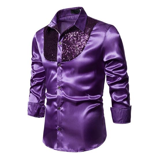 Men Retro Glossy Shirt Lapel Button-up Shirt with Sequins Vintage Formal Shirt for Disco Bars Nightclubs Parties
