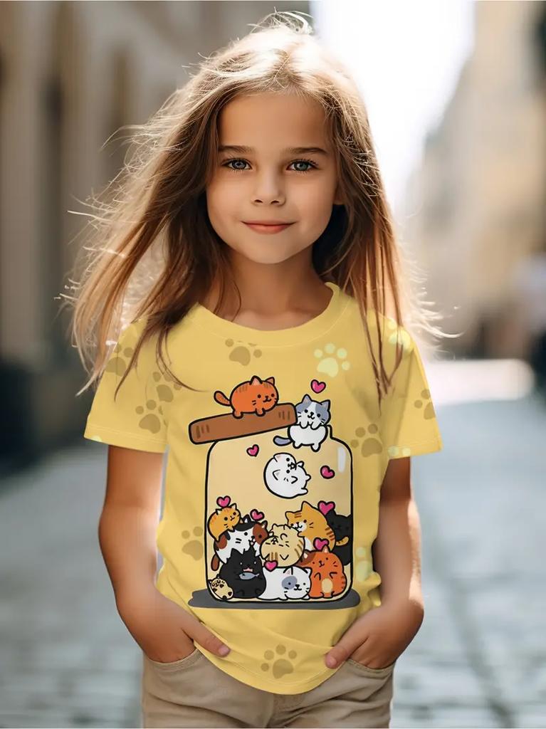 Kinderkleidung Kinder T-Shirt Mädchen Kurzarm Top Cartoon Katze Kawaii Mädchen Sommerkleidung Kinder T-Shirt Kinderkleidung