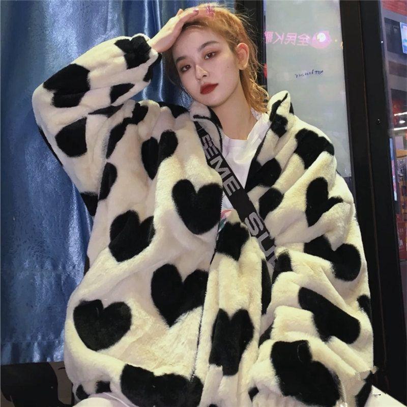 

Легкая новая любовь Стойка воротник Длинный рукав Меховая куртка Осень и зима Свободная плюшевая куртка XL