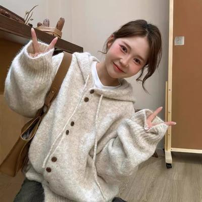 Grey Hooded Sweater Cardigan Jacket for Women In Autumn and Winter Thick Korean Style Outfit Loose and Lazy Style Knitted Sweater Top