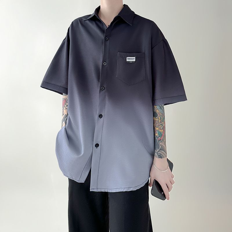 Summer Polo-neck Gradient Tie Dye Casual Shirt Men Half Sleeve Loose Fashion All-match Top Men Blouse