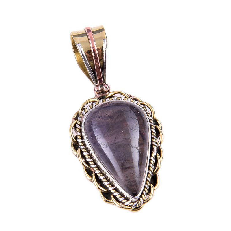 Natural Iolite Gemstone 925 Solid Sterling Silver Two Tone Pendant 1.50" D4q70
