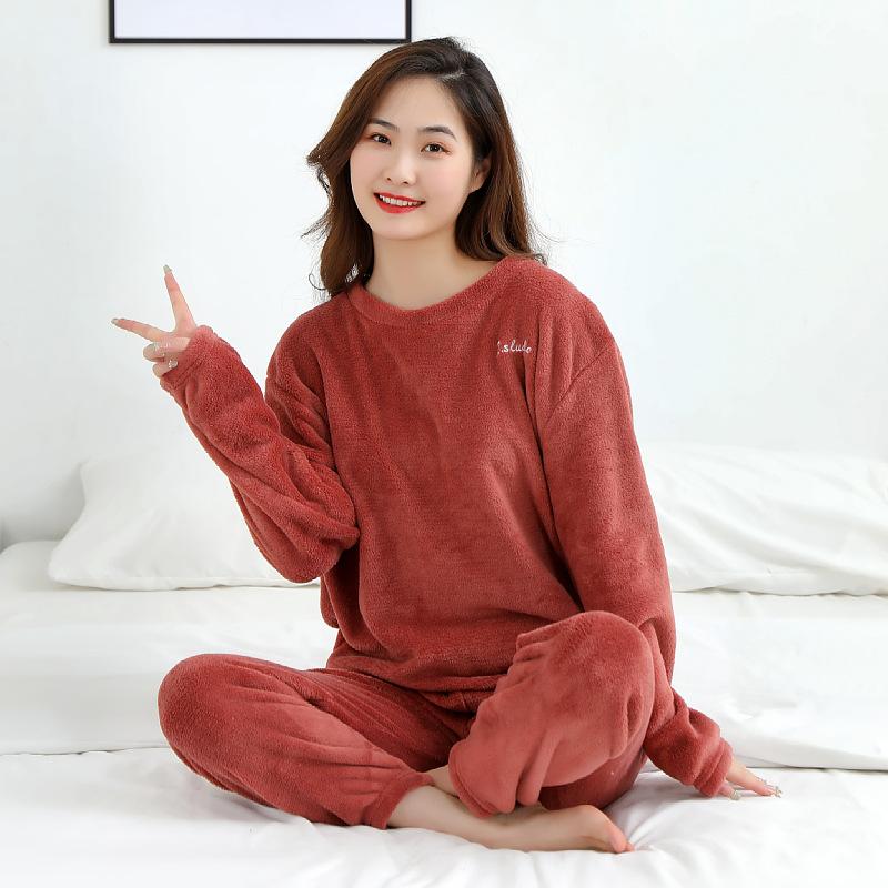Autumn Winter Thickened Warm Set Coral Velvet Pajamas Long Trousers Fashion Casual Pink Long-Sleeved Loungewear Outside Solid