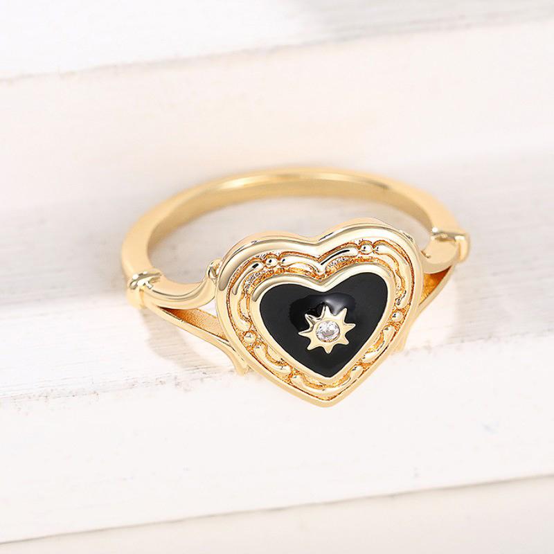 Huitan Black Heart Enamel Rings with Shiny Sun Design New Rings for Women Wedding Party Statement Female Accessories Jewelry