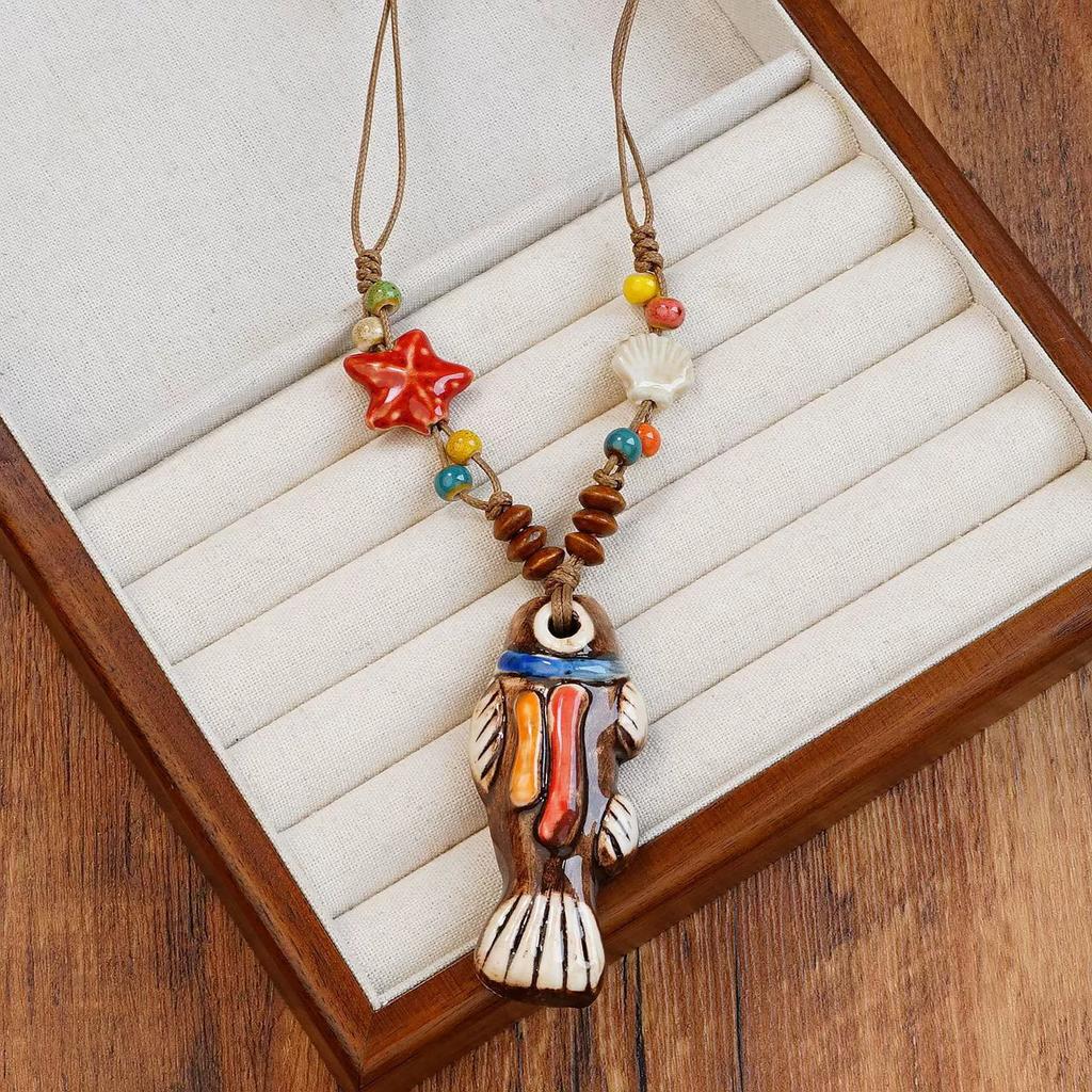 Painted ceramic fish necklace, Bohemian style woven rope necklace, women's vintage high-end beaded clavicle chain