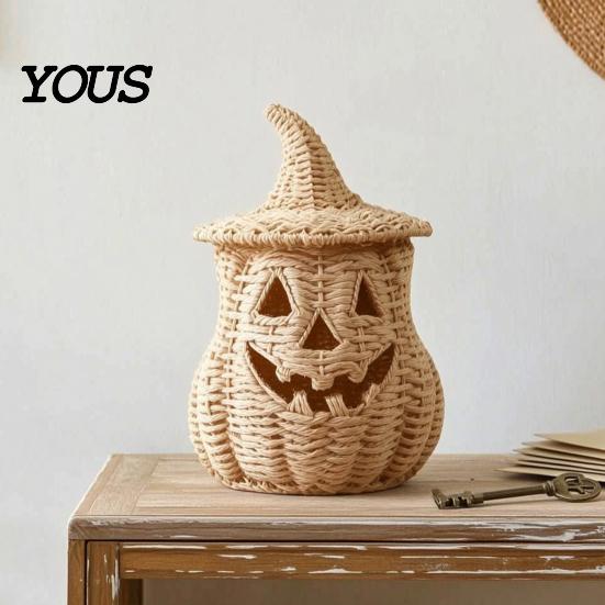 Halloween Mantel Decor Pumpkin Lantern Tabletop Decor, Woven Witch Hat Candy Bowl & LED Spooky Holiday Decorations Prop, Gothic Fall Centerpiece