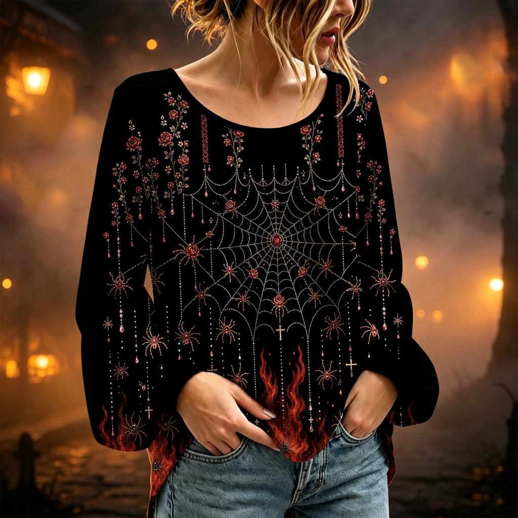 Women's Long Sleeve Neck Halloween Print T-Shirt for Casual Party Wear