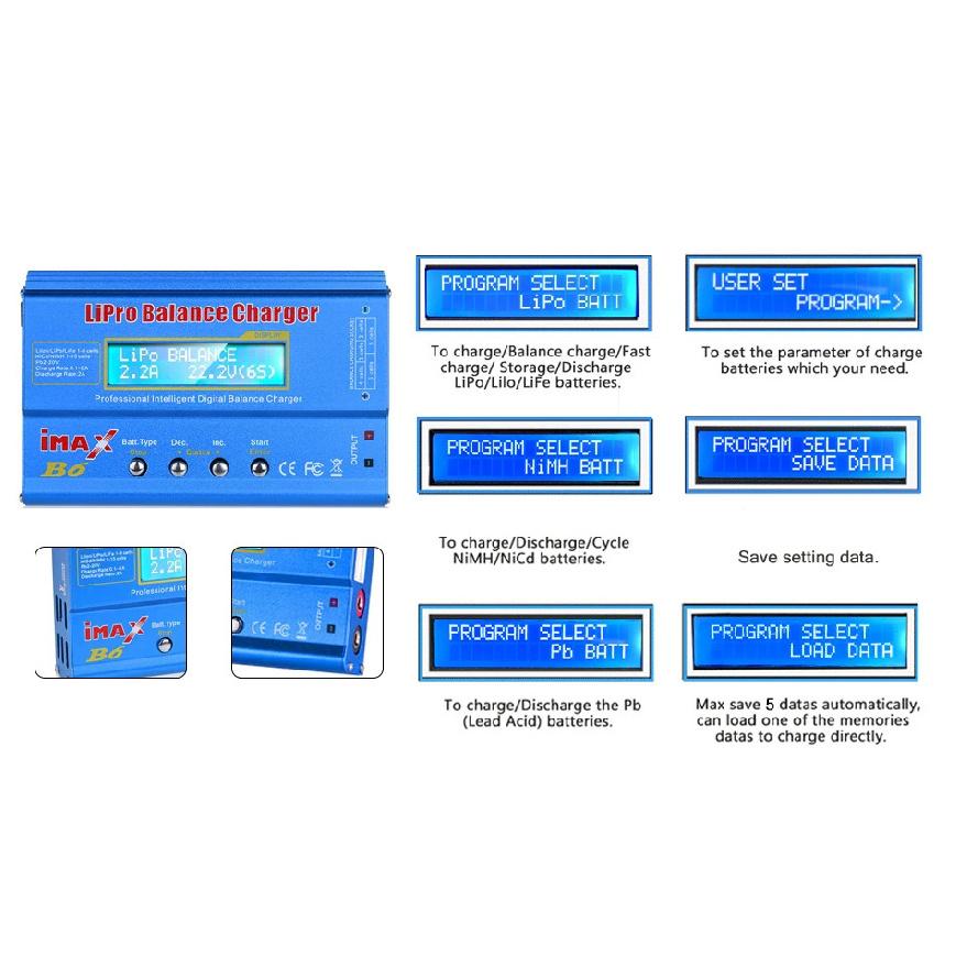 IMAX B6 80W Multi-function Battery Charger For Lipo Li-ion LiFe NiMh Ni-Cd PB XT60 Tamiya RC Balance Discharger+15V 6A Adapter