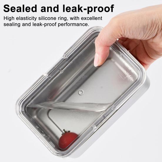 Nerezový obědový box s průhledným víkem Vhodný do mikrovlnné trouby a myčky Nádoba na přípravu jídla odolná proti vytečení Přenosný bento box do kanceláře školy