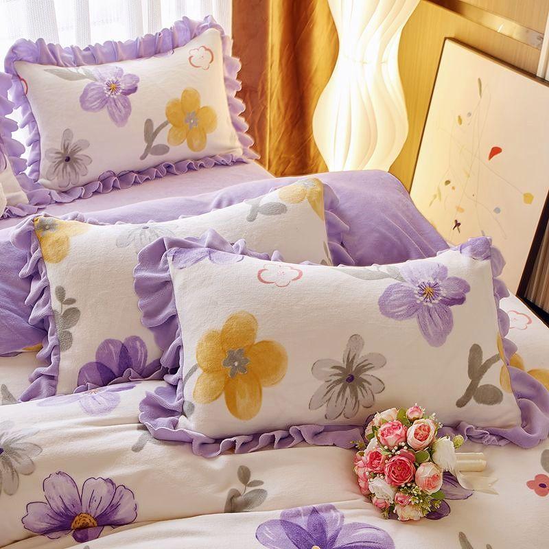 Winter Milk Velvet Pillowcase Thickened Pair Set 48x74 Student Dormitory Lace Printed Female Pillowcase