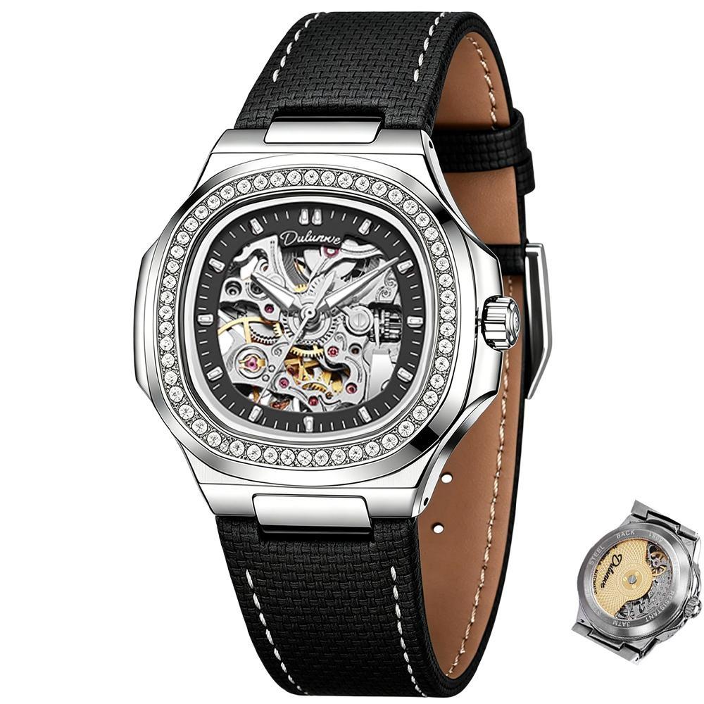 Skeleton Mechanical Watches Rose Gold Case Diamond Bezel Luminous Waterproof Fluororubber Strap Watch