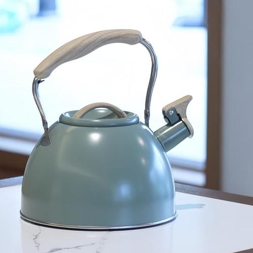 BDHD Whistling Kettle, Stainless Steel, Wide Mouth, with Wood Grain Handle and Touch Button, Large Capacity, Family-Friendly, Gas/IH Compatible, Cute