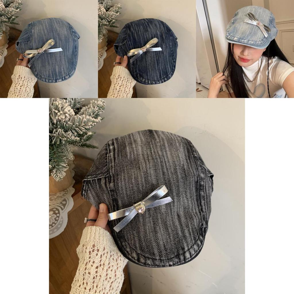 Original Design Diy Butterfly Knot Beret Hat For Women In Cool Y2k Vintage Denim Style