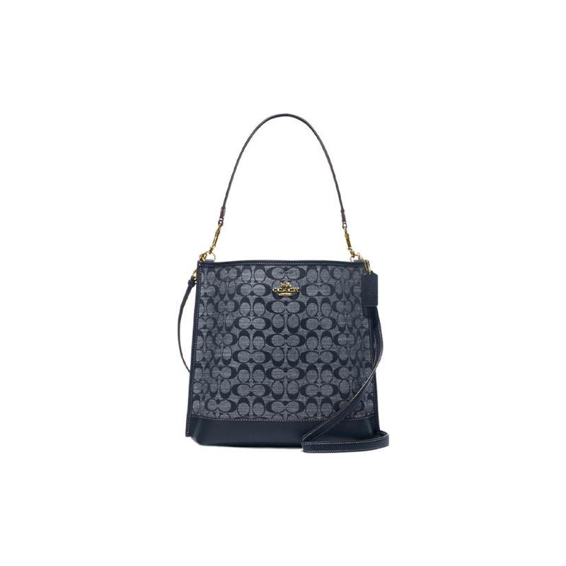 

COACH handbag Mollie classic old flower jacquard buckle closure, chambray fabric and cow leather bucket bag hand-held shoulder crossbody bag 28 синій