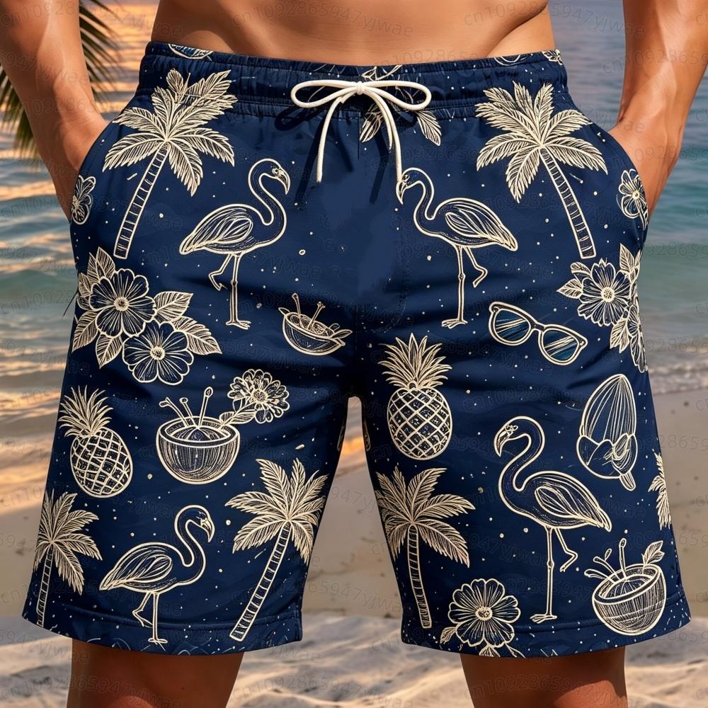 26 Summer Mens Beach Shorts Mens Swim Trunks Flamingo Coconut Tree Print Trunks Elastic Waist 3d Print Men Beach Shorts Pants