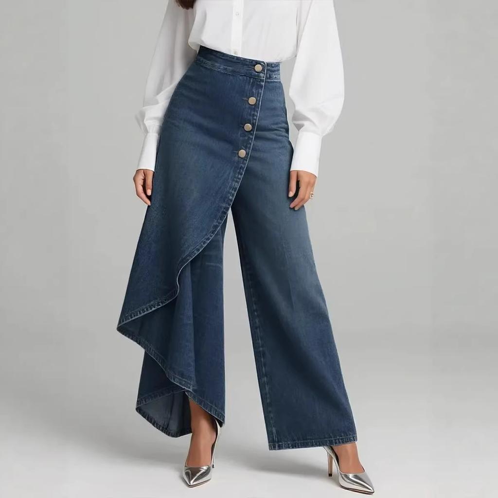 Women's Solid-Color Long-Hem Casual Denim-Style Button-Front Skinny Pants for Spring