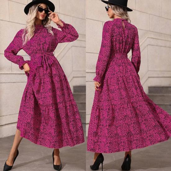 Rose Red Spring Women's Fashion Printed Collar Ruffled Long Sleeve Lace-up Waisted Dress