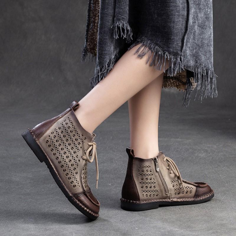 Fashion GKTINOO Women's Boots Sneakers Hollow Out Fashion Genuine Leather Shoes For Women 2025 New Spring Breathable Flat Ankle Boots