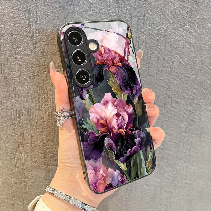 Purple Charm Peony Garden Pattern Tempered Glass Phone Case Suitable for Samsung Galaxy S26 S25 S24 S22 S21 S20 FE/Ultra/Plus