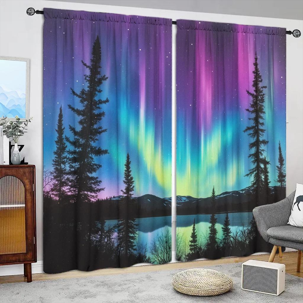 Artistic Panels Northern Lights Sky Semi Curtain Half Suitable Home Decorative Curtains Blackout Made Of Polyester