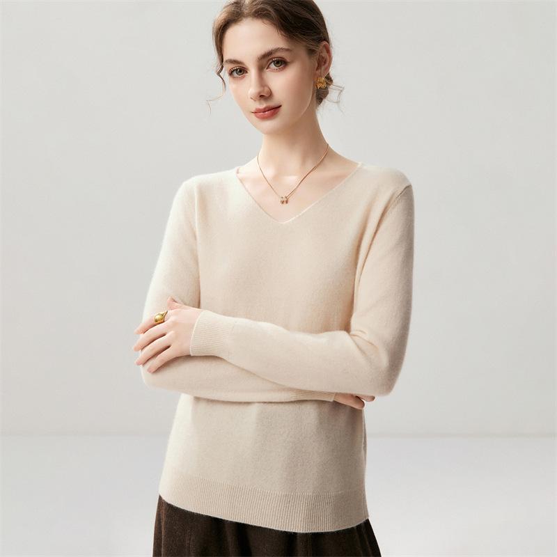 Lekasha Women's Cashmere Goat Wool V-Neck Pullover: Autumn/Winter Plain, Solid Color, Loose Fit Base Layer.