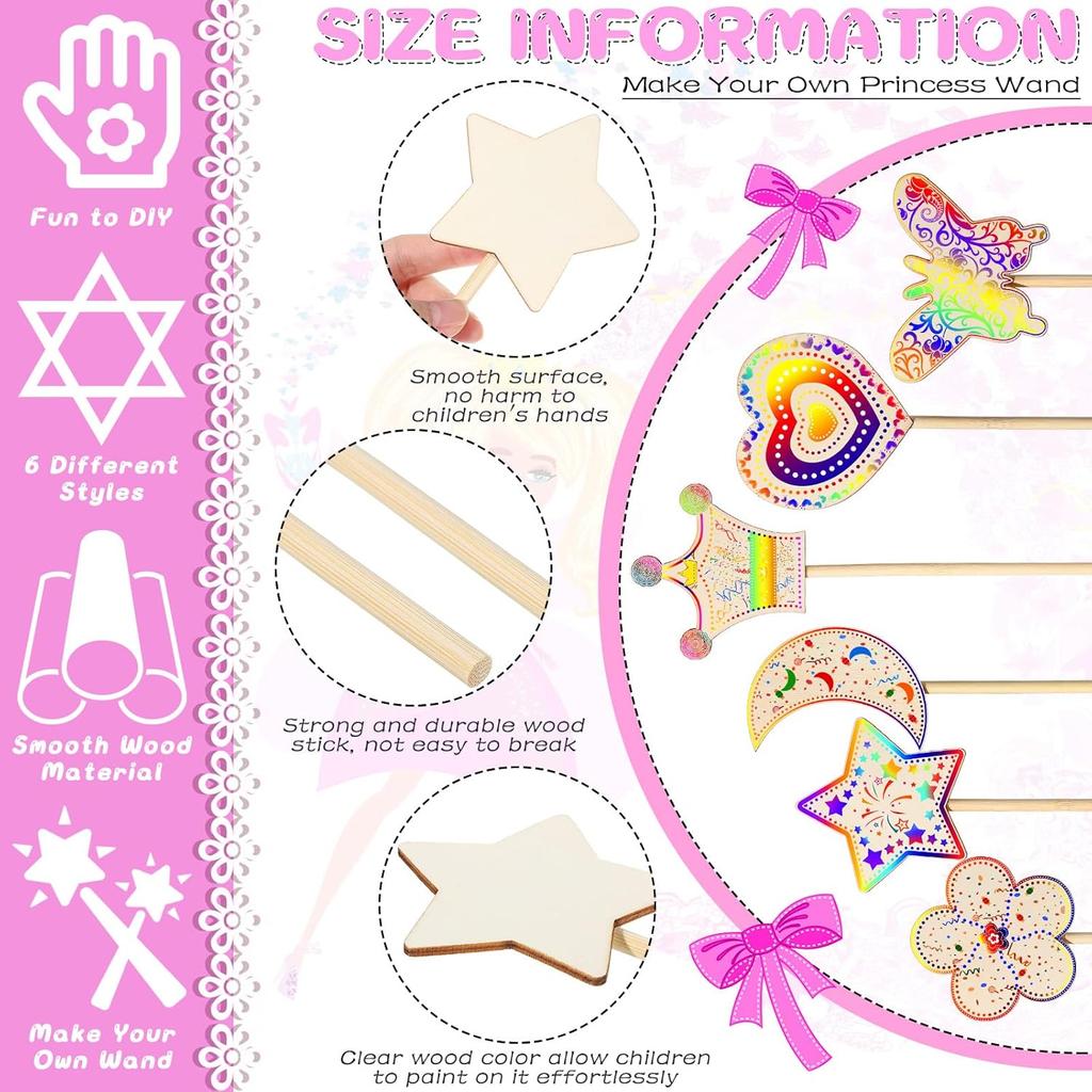 42 Pcs Princess Fairy Wands Kit, Include 36 Pcs Wooden Unfinished Wand DIY Princess Wand with 6 Sheet Colorful Diamond Sticker for Girls Make Your