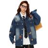 American Retro Embroidered Denim Jacket with Distressed Finish and Lapel, Unisex Street Style.