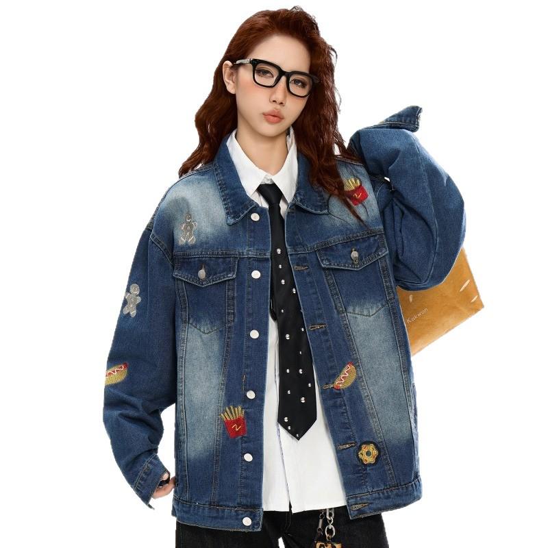 American Retro Embroidered Denim Jacket with Distressed Finish and Lapel, Unisex Street Style.