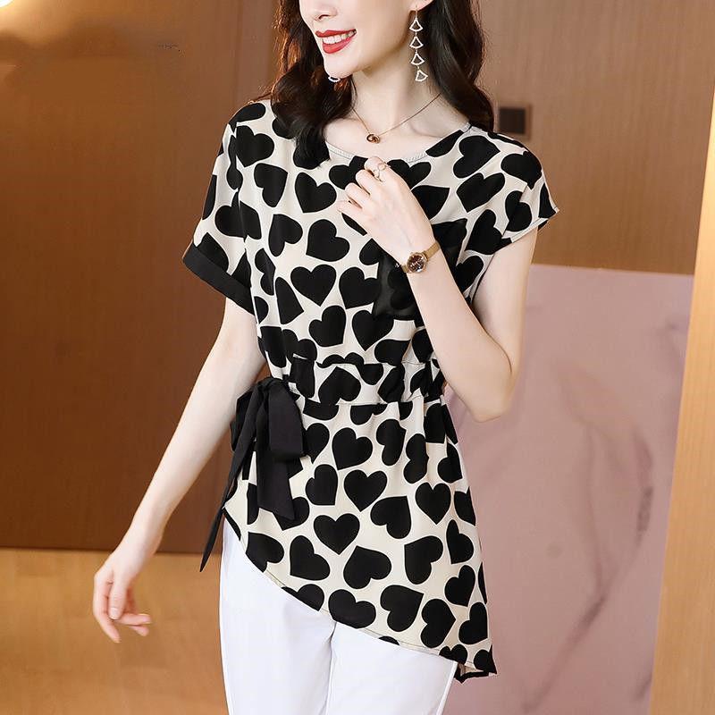 

Женская летняя мода Принт Бандаж Повседневные Асимметричные Шифоновые Рубашки Карманы Пэчворк Стройные Элегантные Женские Блузки с Круглым Вырезом XXXL чёрный