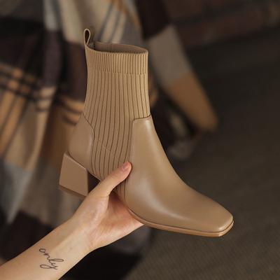 Women Knitted Socks with Square Toe Booties In Autumn and Winter Elastic Single Boots
