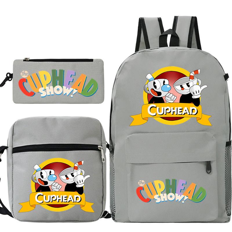 Cartoon Teacup Head Cuphead Student School Bag Backpack Three-piece Set Children's Shoulder Bag Pencil Bag