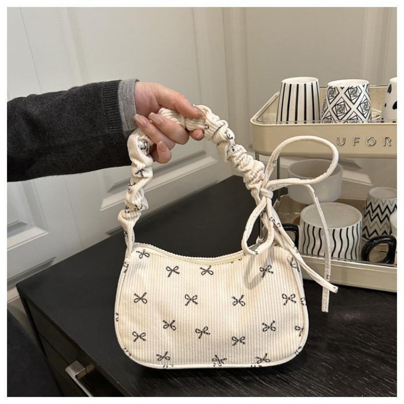 Women's Fashion Bow Print Corduroy Hobo Bag Wide Soft Ruched Strap Large Capacity Multi Color for Daily Commute Travel