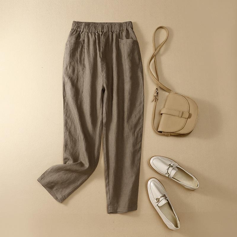 

Весенне-осенние брюки-шаровары, женские хлопковые льняные брюки в стиле ретро, ​​повседневные однотонные брюки до щиколотки с карманами для женщин L хаки