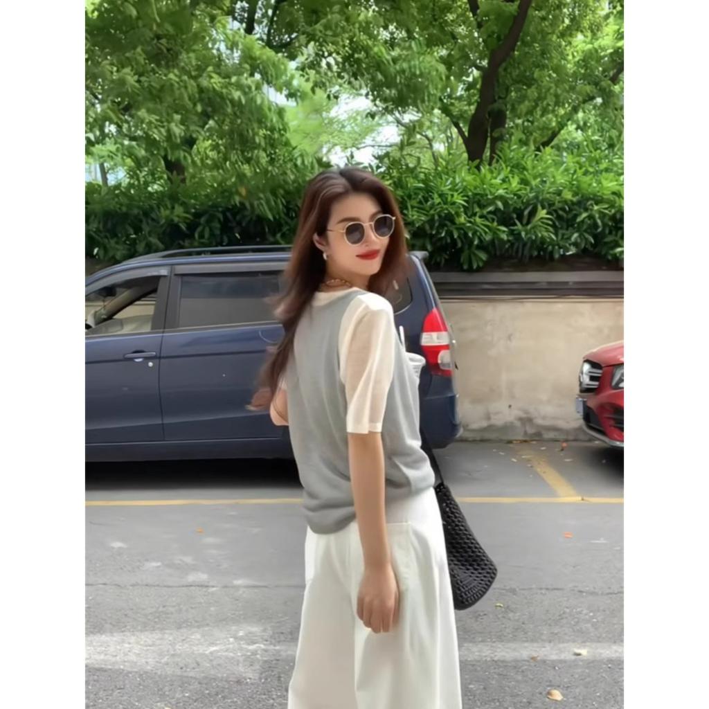 Korean chic chic design sense knitted ice silk short-sleeved t-shirt women's summer unique super good-looking two-piece top