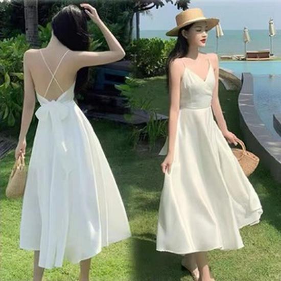 Vestido de Verano Blanco Cuadrado French First Love para Mujer - Cintura Entallada, Elegante Falda Larga