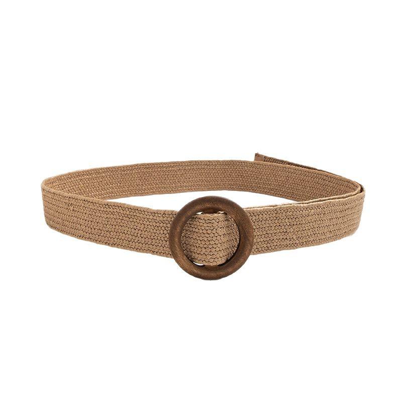 Bohemian-style Belt with Round Wood Buckle, Natural Country Stretch Pp Grass, Natural Women's Belt, Versatile Vacation Belt