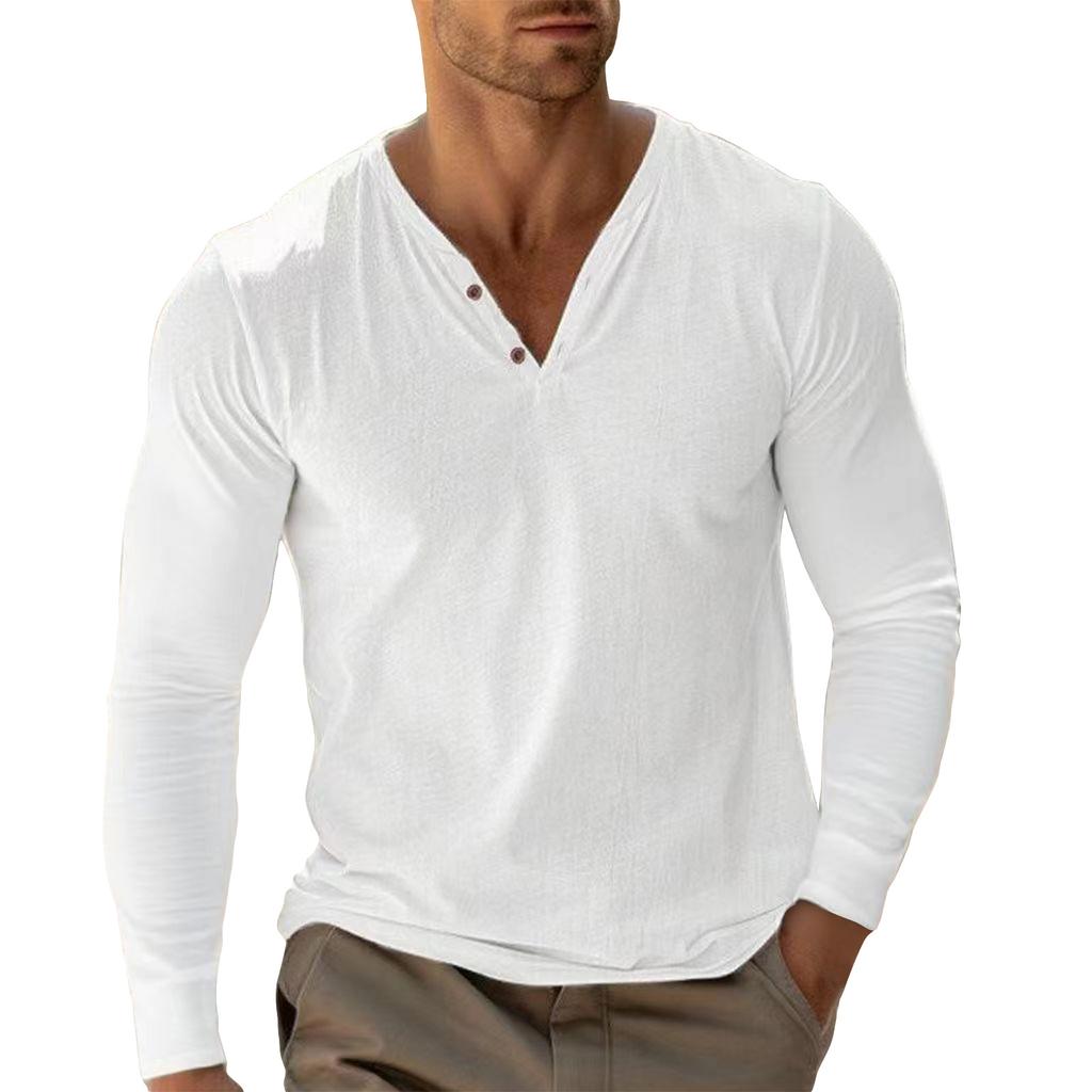 Men's Solid Color Cotton Linen Button Collar Long Sleeve Top Men's Sports Large Size Casual Top