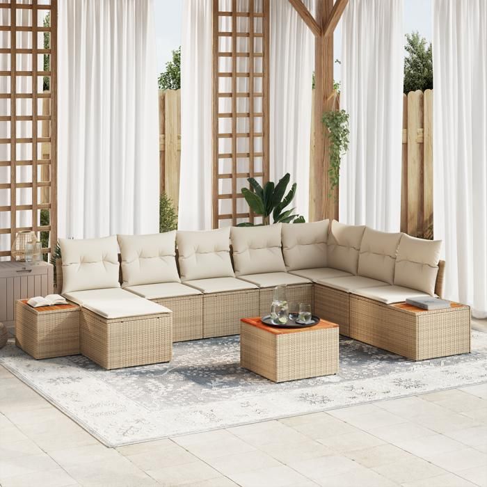 VidaXL 9 pièces canapé de jardin avec coussins Beige Rotin synthétique Acacia 3348152