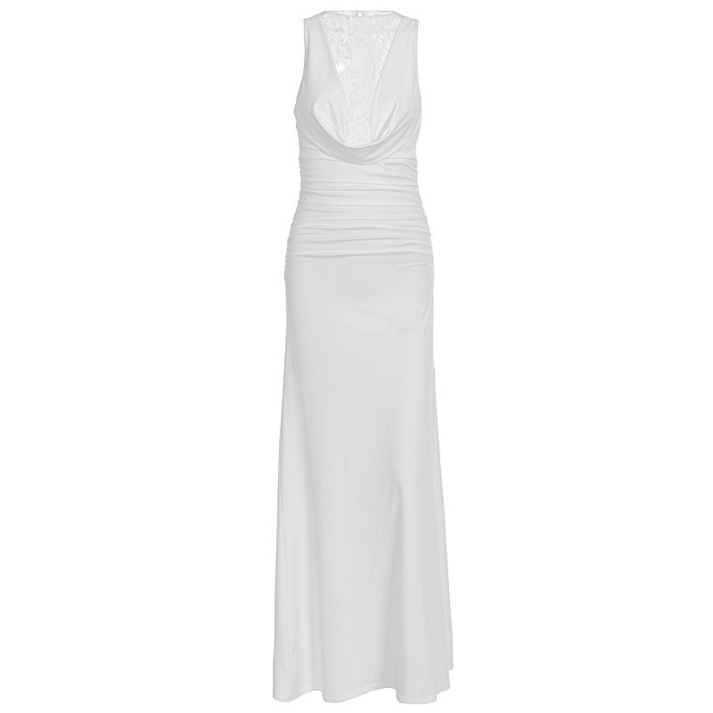 Lace Splicing Swing Neck Sleeveless European and American Dress Women's Summer Slim-fit Solid Color Skirt Pure Waist Hip-wrapped Long Dress