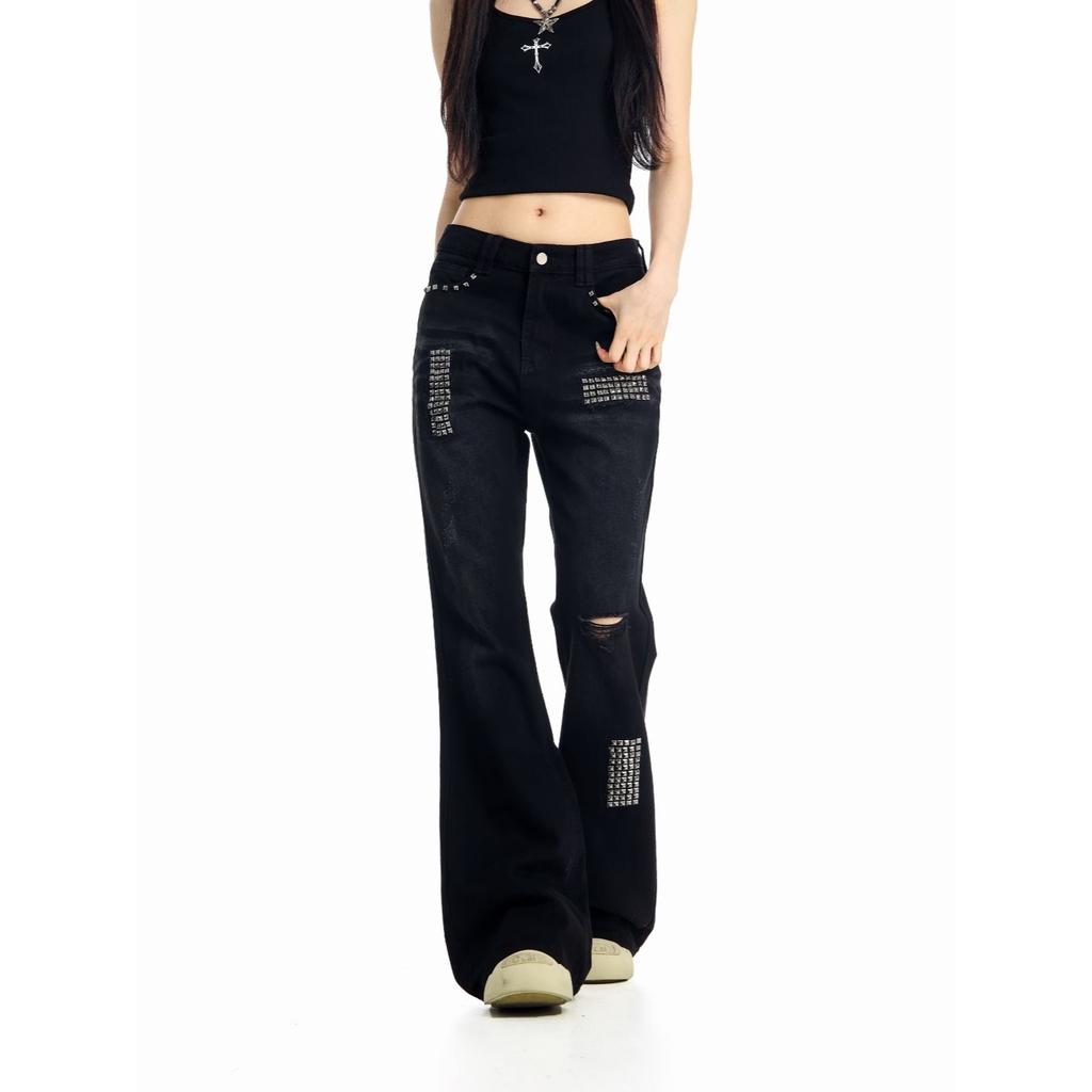 Low waist black slim fit straight rivet jeans American retro autumn pants micro-flared trousers mopping pants cotton