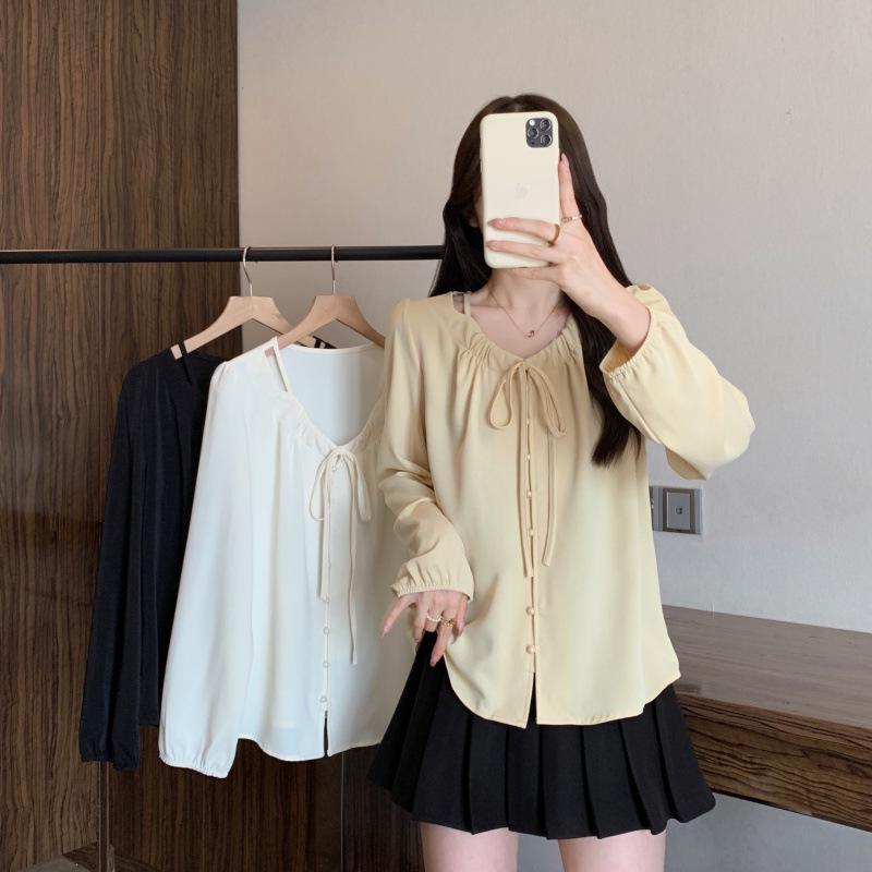 Women s Plus Size French-Style Tie-Up Long-Sleeve Shirt, Spring Collection L абрикосовый