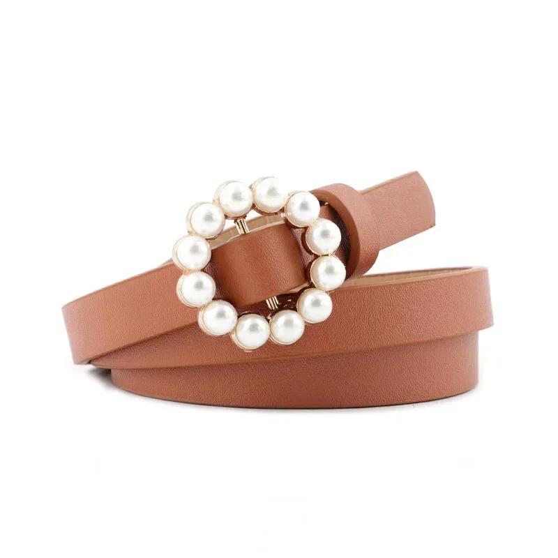 New Korean Fashion Versatile Women's Smooth Buckle Belt with Round Inlaid Decoration Pearl Belt Women's Clothing Accessories
