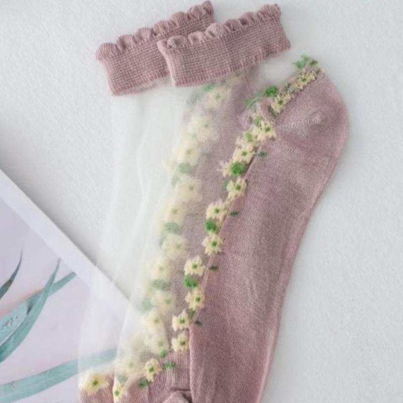 Summer Short Socks Made of Floral Glass Fiber for Women, Cute Ins Short Socks with Cotton Soles, Sweat-absorbing and Breathable Socks